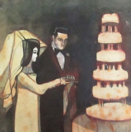Jeni Stallings, "Priscilla and Elvis Cake," ink and beeswax on hemp paper/panel, 12" x 12"